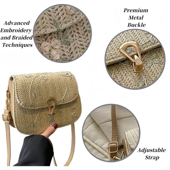 Women Small Embroidered Crossbody Braided Straw Bag Khaki Lightweight - Picture 2 of 7